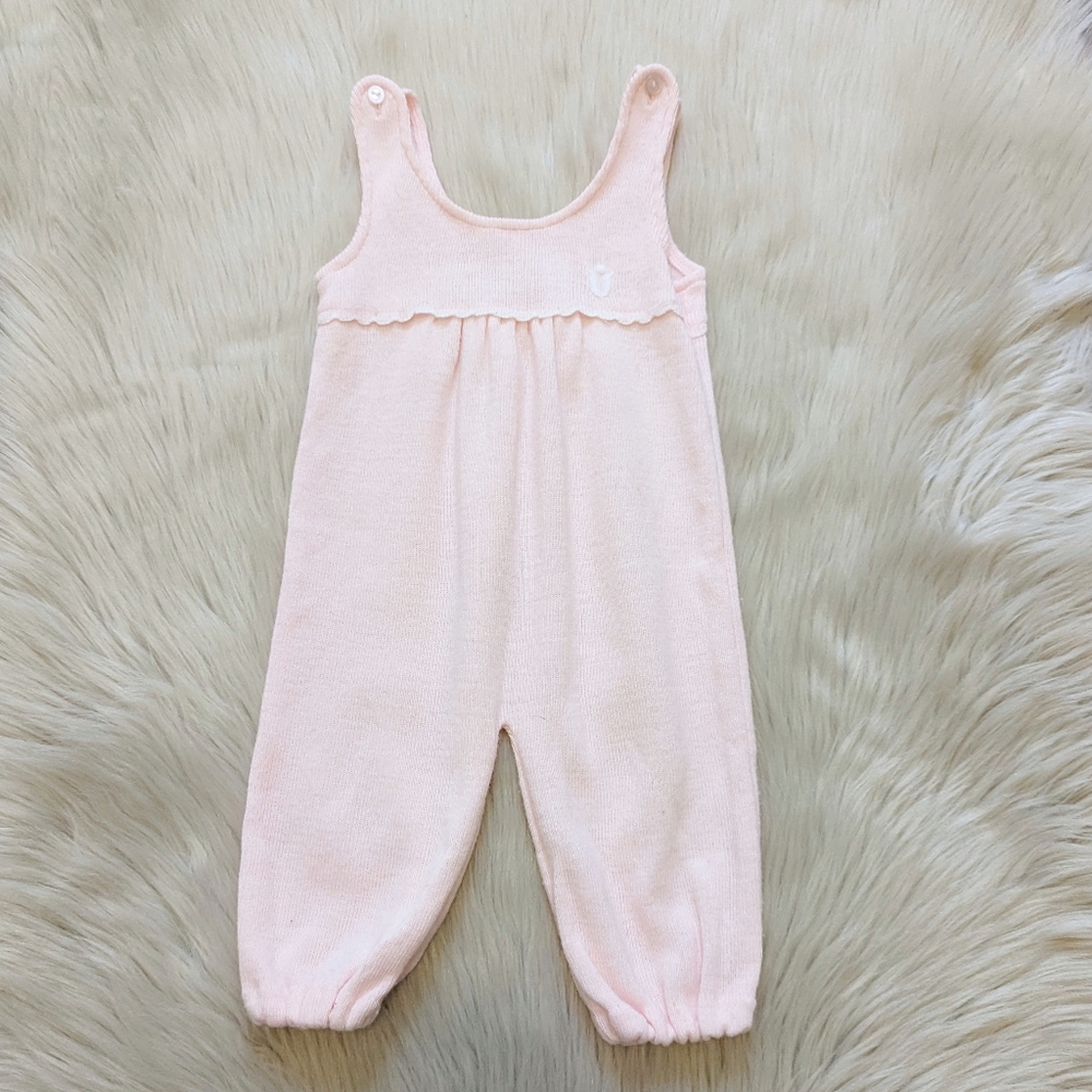 Vintage pale pink sweater material overalls size  6-9 M